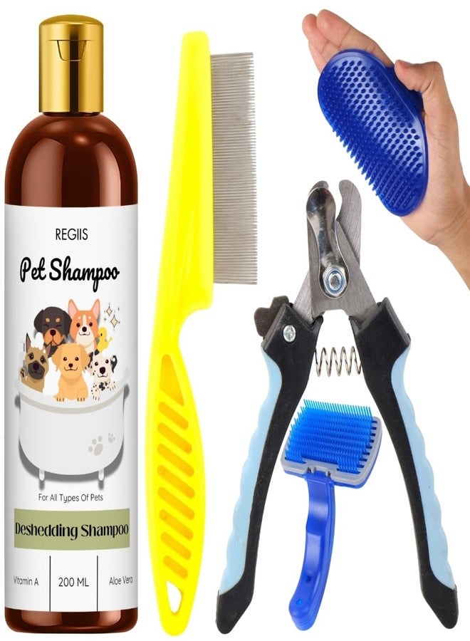 REGIIS Pet Grooming Kit, 5-Piece Set with Deshedding Shampoo, Nail Clippers, Grooming Brush, Flea Comb, Dog Bathing Tools, 200 ML - Image 1